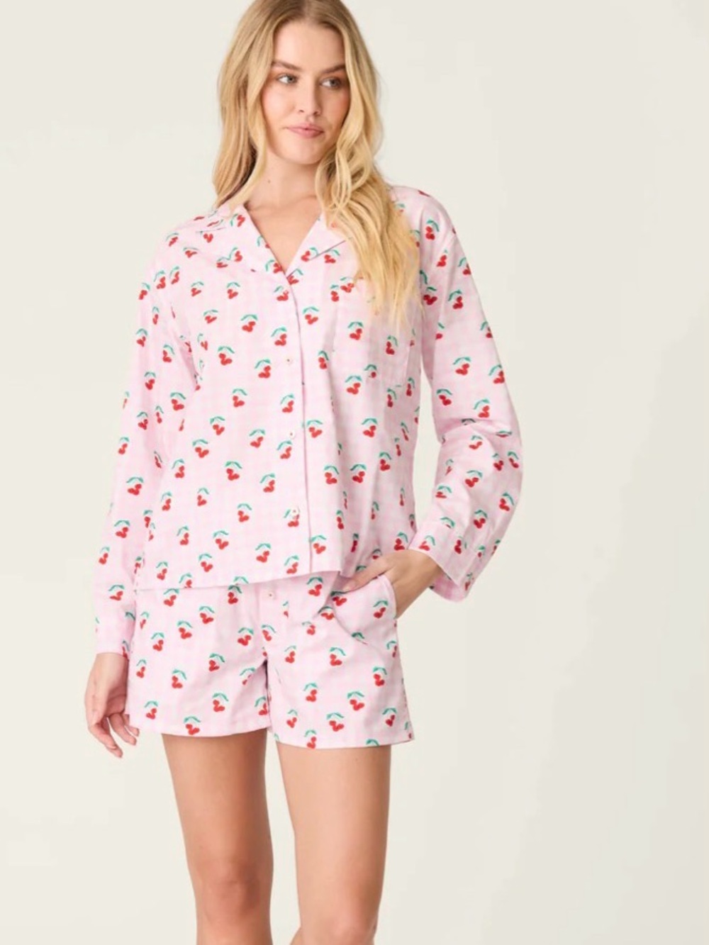 P.J. Salvage After Party Poplin Pink Gingham Cherry-Print Pajama Top size:small